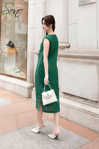 SONO - Đầm linen cổ tim thêu hoa xanh