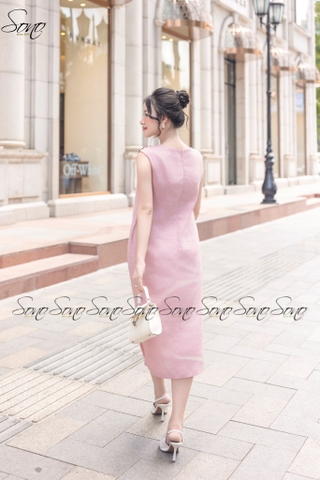 SONO - Đầm linen 5 nút vai thêu hoa hồng đặc