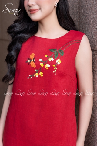 SONO - Đầm linen sát nách thêu nhánh hoa cam