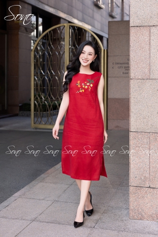 SONO - Đầm linen sát nách thêu nhánh hoa cam