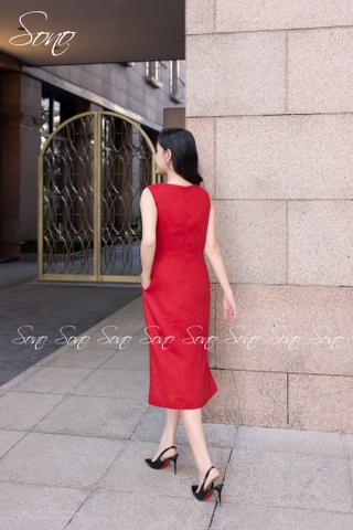 SONO - Đầm linen sát nách thêu nhánh hoa cam