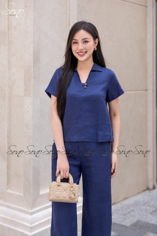 SONO - Bộ dài linen cổ V đính nút gỗ