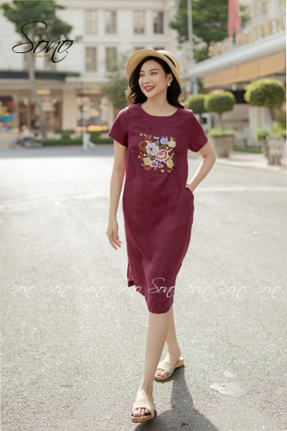 SONO - Đầm linen thêu hoa nhiều màu có tay