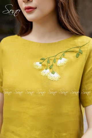 SONO - Bộ dài linen thêu cành hoa ngực