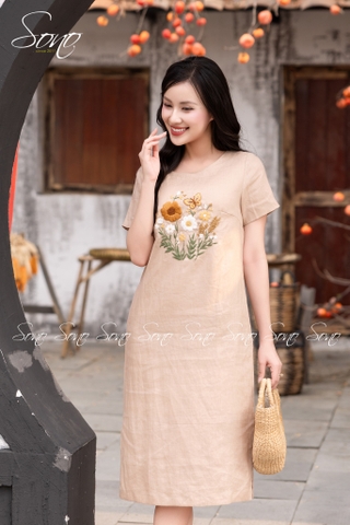 SONO - Đầm linen có tay thêu hoa bướm