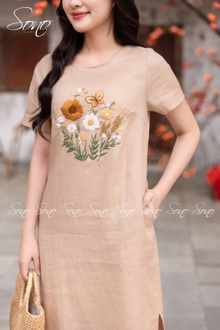 SONO - Đầm linen có tay thêu hoa bướm
