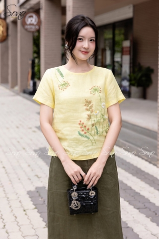 SONO - Áo linen cổ tròn thêu cây cỏ