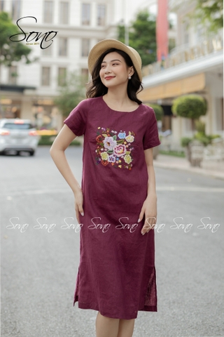 SONO - Đầm linen thêu hoa nhiều màu có tay