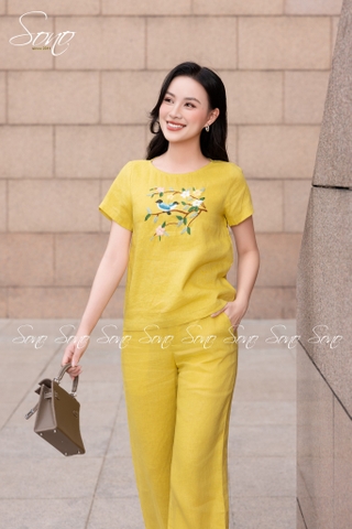 SONO - Bộ dài linen thêu cành hoa và chim