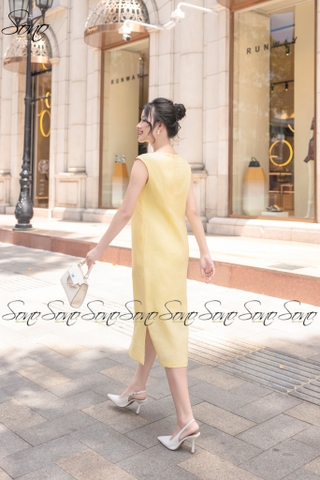 SONO - Đầm linen 5 nút vai thêu hoa hồng đặc