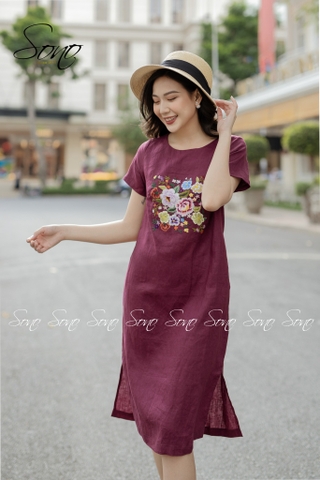 SONO - Đầm linen thêu hoa nhiều màu có tay