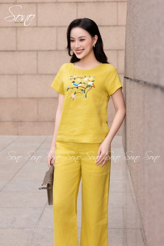 SONO - Bộ dài linen thêu cành hoa và chim
