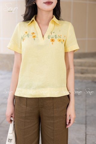 SONO - Áo sơ mi linen tay ngắn thêu ngang ngực