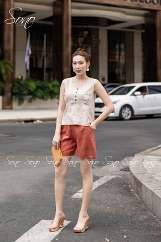 SONO - Áo linen sát nách cổ tim viền ren
