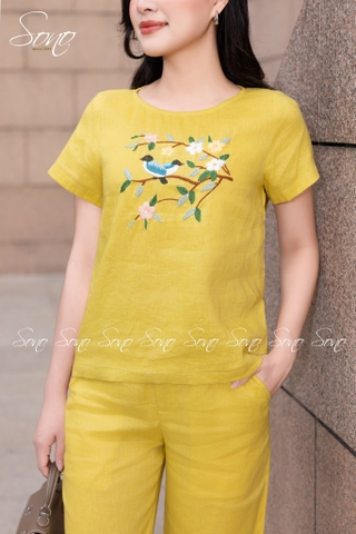 SONO - Bộ dài linen thêu cành hoa và chim