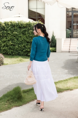 SONO - Áo linen dài tay bèo nhún thêu hoa