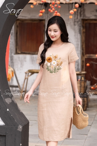 SONO - Đầm linen có tay thêu hoa bướm