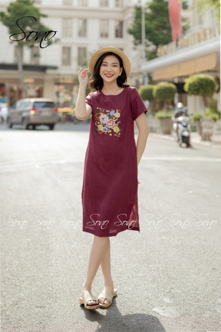 SONO - Đầm linen thêu hoa nhiều màu có tay