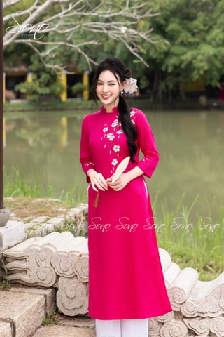 SONO - Áo dài hồng sen thêu cành hoa