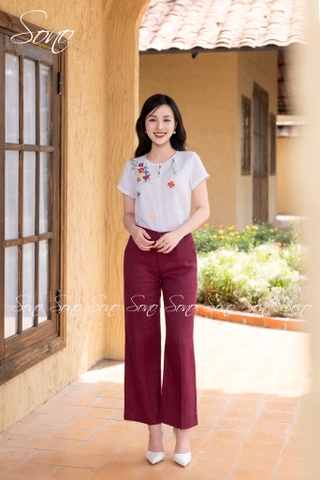 SONO - Áo linen nút bọc thêu hoa đỗ