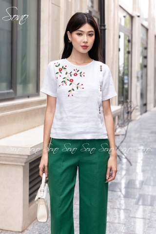 SONO - Áo linen đính nút gỗ thêu hoa