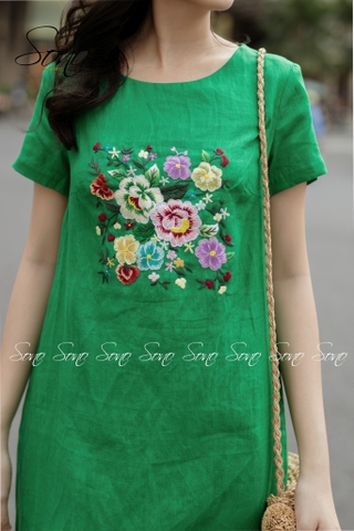 SONO - Đầm linen thêu hoa nhiều màu có tay