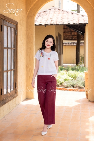 SONO - Áo linen nút bọc thêu hoa đỗ