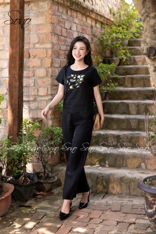 SONO - Bộ dài linen thêu cành hoa và chim