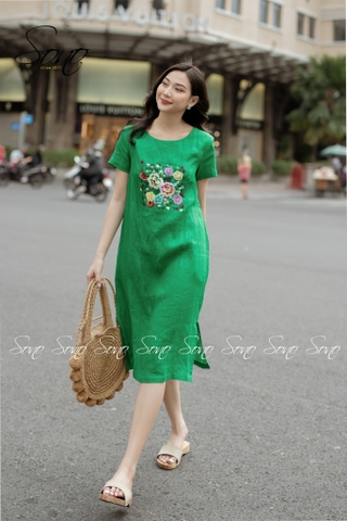 SONO - Đầm linen thêu hoa nhiều màu có tay