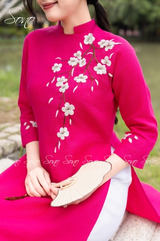 SONO - Áo dài hồng sen thêu cành hoa