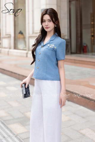 SONO - Áo linen cổ danton thêu nắp túi