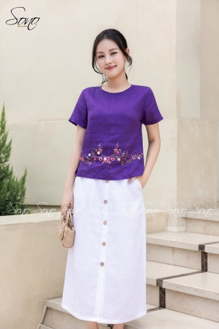 SONO - Áo linen tay ngắn thêu quấn bọ