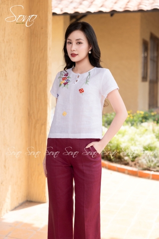 SONO - Áo linen nút bọc thêu hoa đỗ