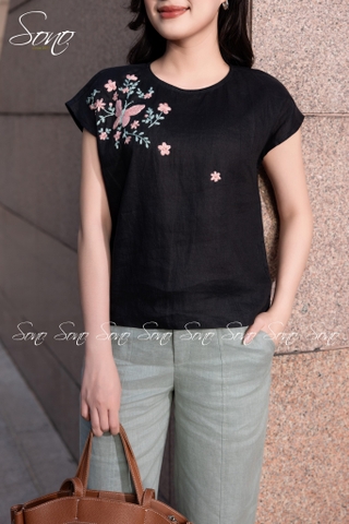 SONO - Áo linen tay dơi thêu hoa bướm