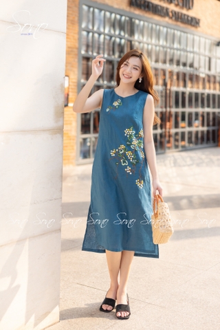 SONO - Đầm linen sát nách thêu hoa chấm màu