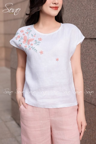 SONO - Áo linen tay dơi thêu hoa bướm