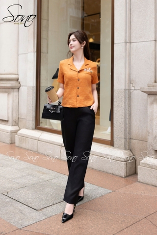 SONO - Áo linen cổ danton thêu nắp túi