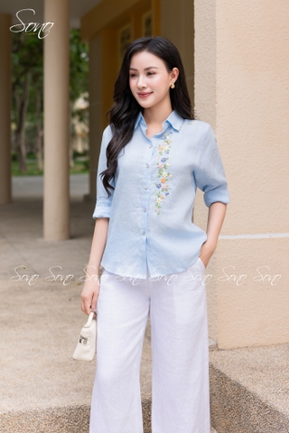 SONO - Áo sơ mi linen dài tay thêu hoa nhí pastel