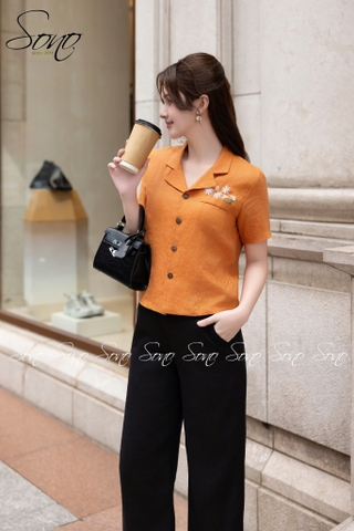 SONO - Áo linen cổ danton thêu nắp túi
