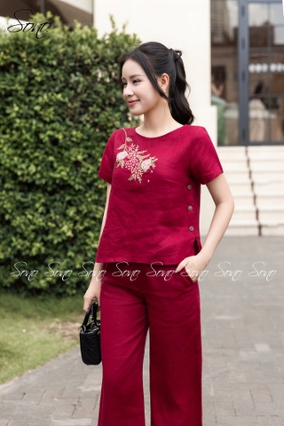 SONO - Bộ dài linen thêu hoa thiên lý