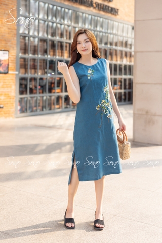 SONO - Đầm linen sát nách thêu hoa chấm màu