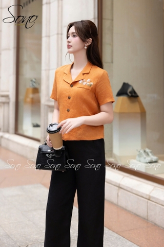 SONO - Áo linen cổ danton thêu nắp túi