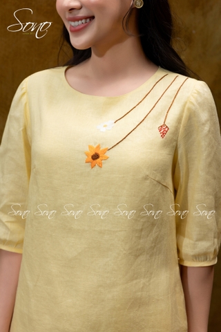 SONO - Đầm linen tay lỡ thêu hoa cỏ