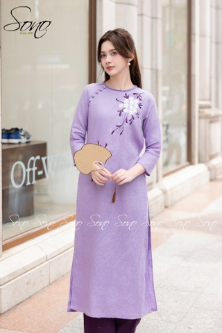 SONO - Áo dài tím cổ đan tay thêu lá tím