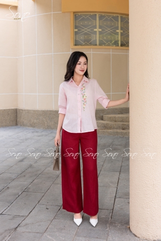 SONO - Áo sơ mi linen dài tay thêu hoa nhí pastel