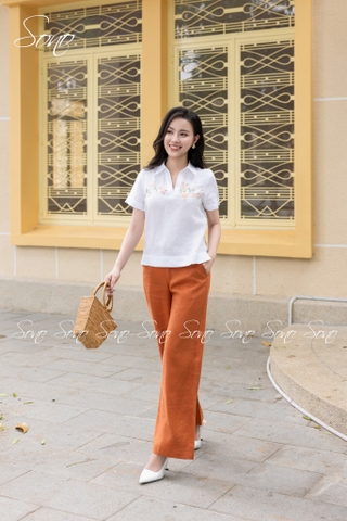 SONO - Áo sơ mi linen tay ngắn thêu ngang ngực