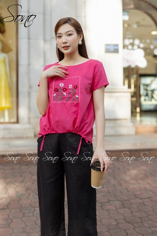 SONO - Quần dài linen cặp lai đính nút gỗ