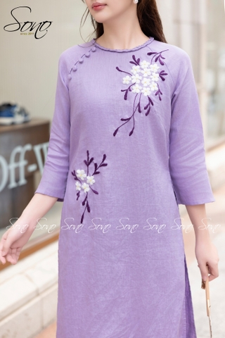 SONO - Áo dài tím cổ đan tay thêu lá tím