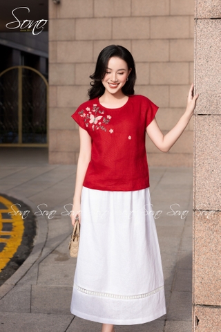 SONO - Áo linen tay dơi thêu hoa bướm
