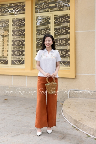 SONO - Áo sơ mi linen tay ngắn thêu ngang ngực